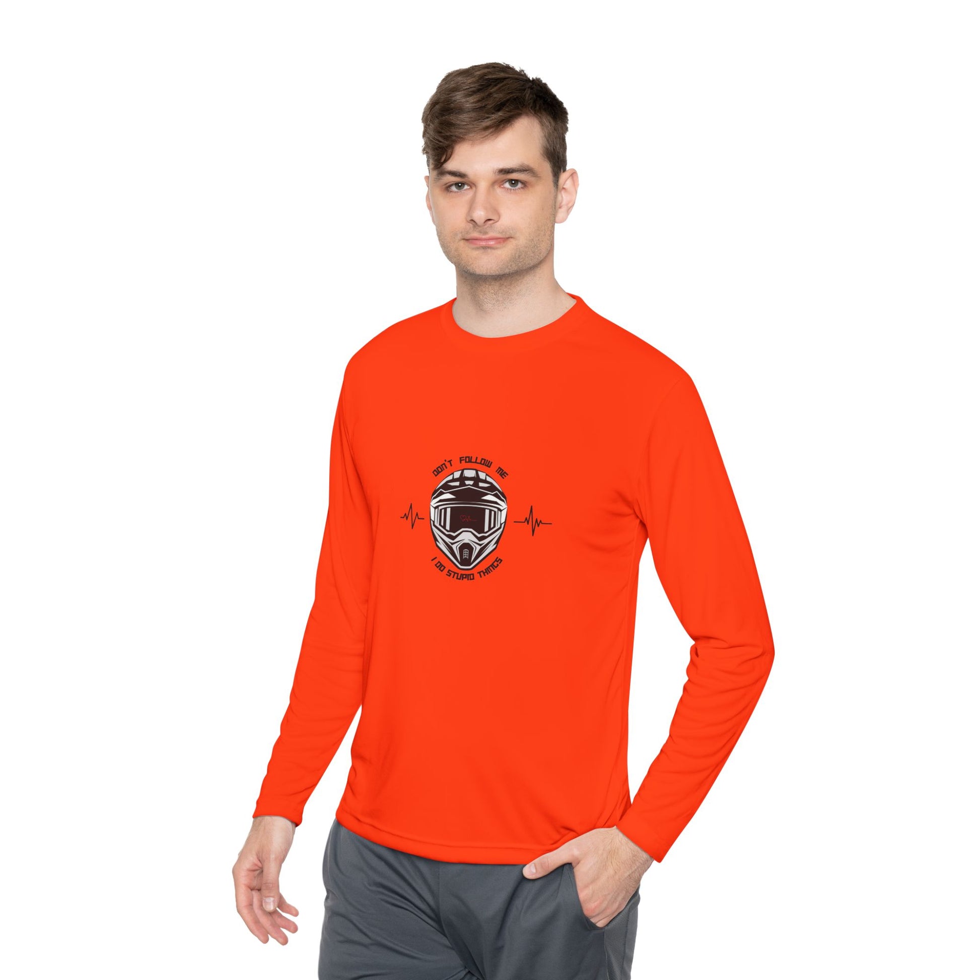 Man wearing an orange long-sleeve shirt with a graphic design on a white background
