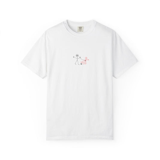 White t-shirt with a small a.hooman  stick man and balloon dog graphic on a white background