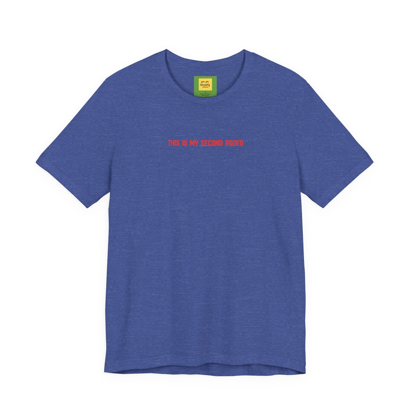This Is My Second Rodeo funny western t-shirt in lightweight Airlume cotton, retail fit
in blue with hidden message neck label "you are amazing and beautiful"