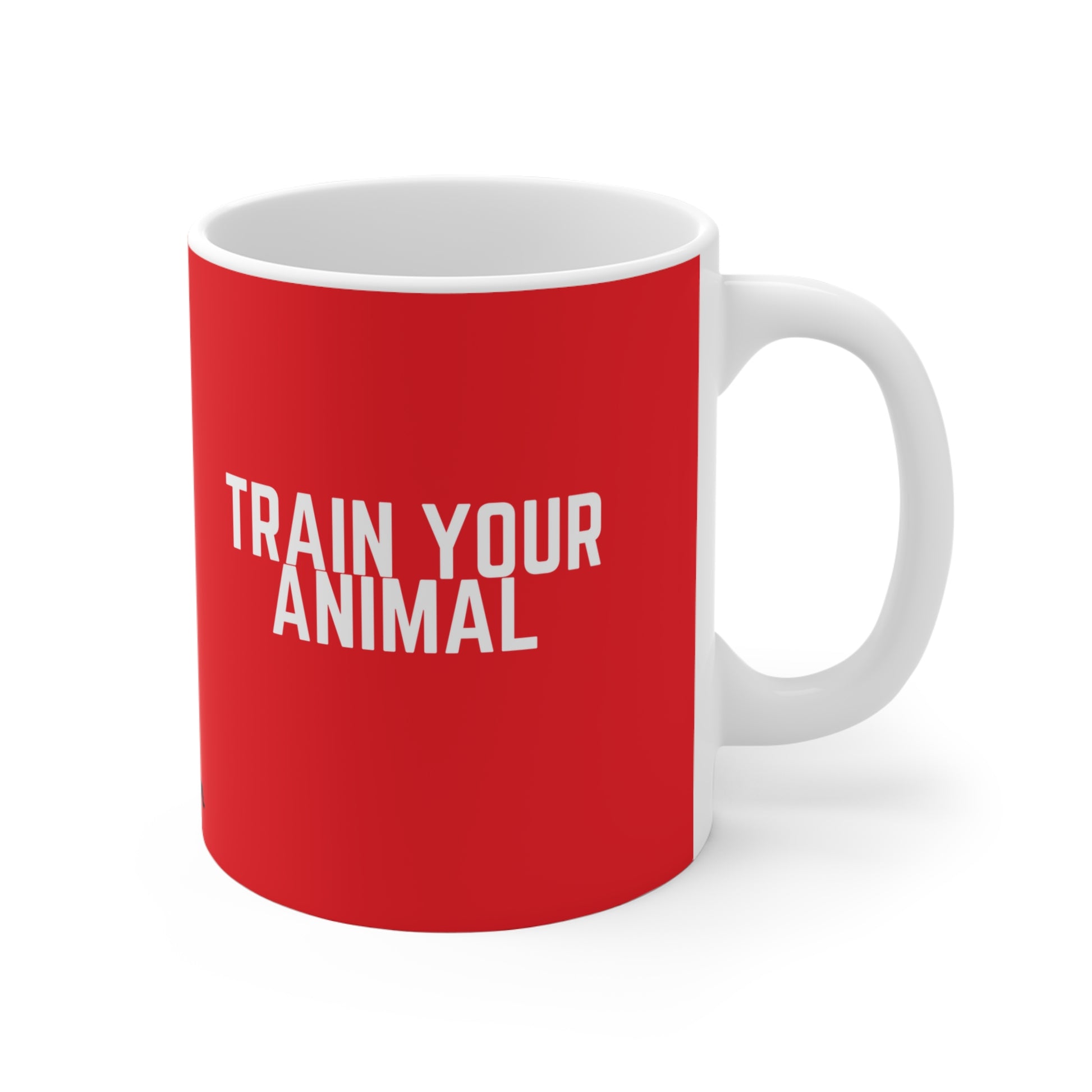 Red mug with 'TRAIN YOUR ANIMAL' text on a white background