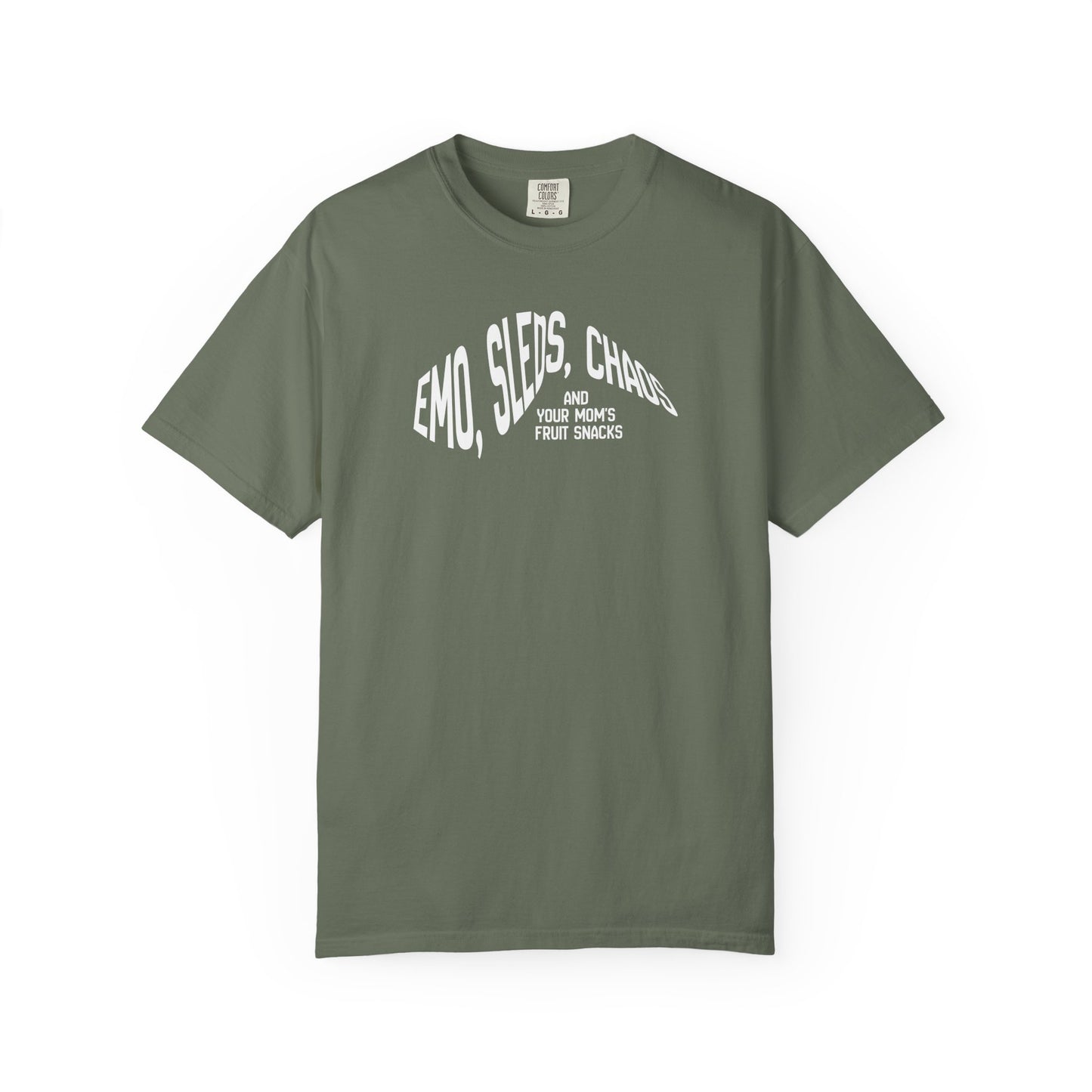 Emo Sleds Chaos Your Mom's Fruit Snacks garment-dyed t-shirt in relaxed fit, heavyweight ring-spun cotton in Moss green
