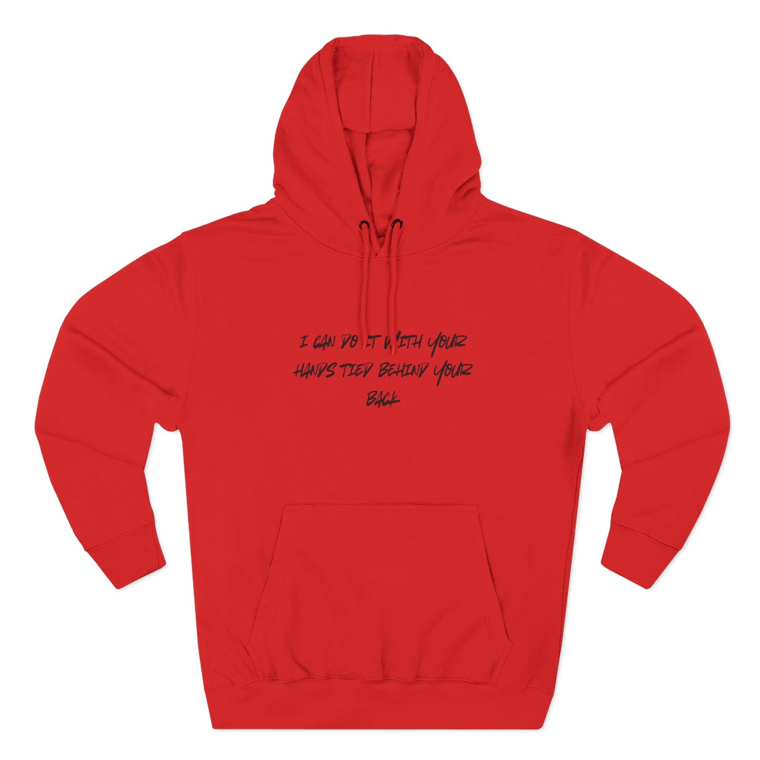 Red hoodie with black text on a white background