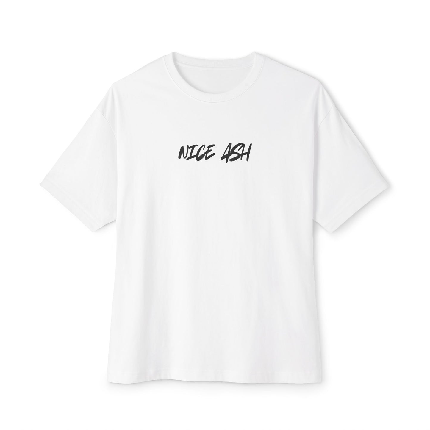 White t-shirt with 'NICE ASH' text on a white background
