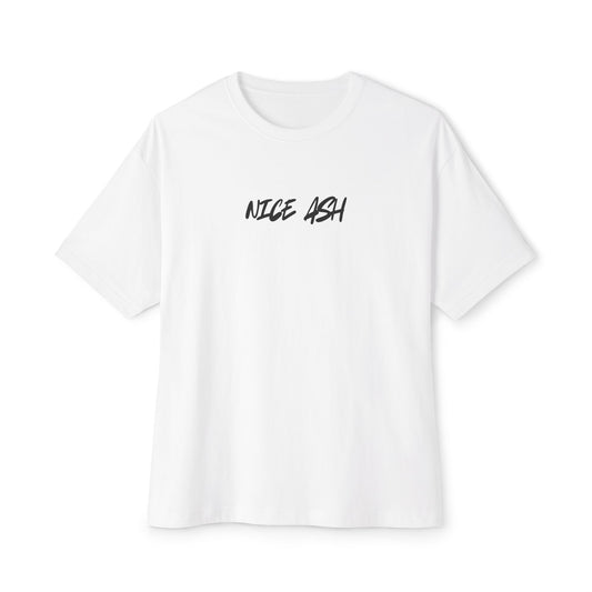 White t-shirt with 'NICE ASH' text on a white background
