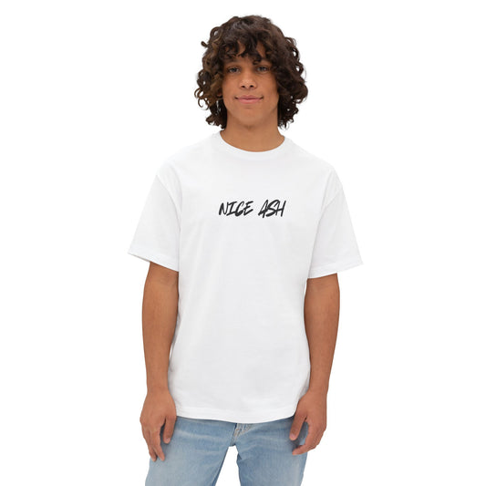 Person wearing a white t-shirt with 'NICE ASS' text on a white background