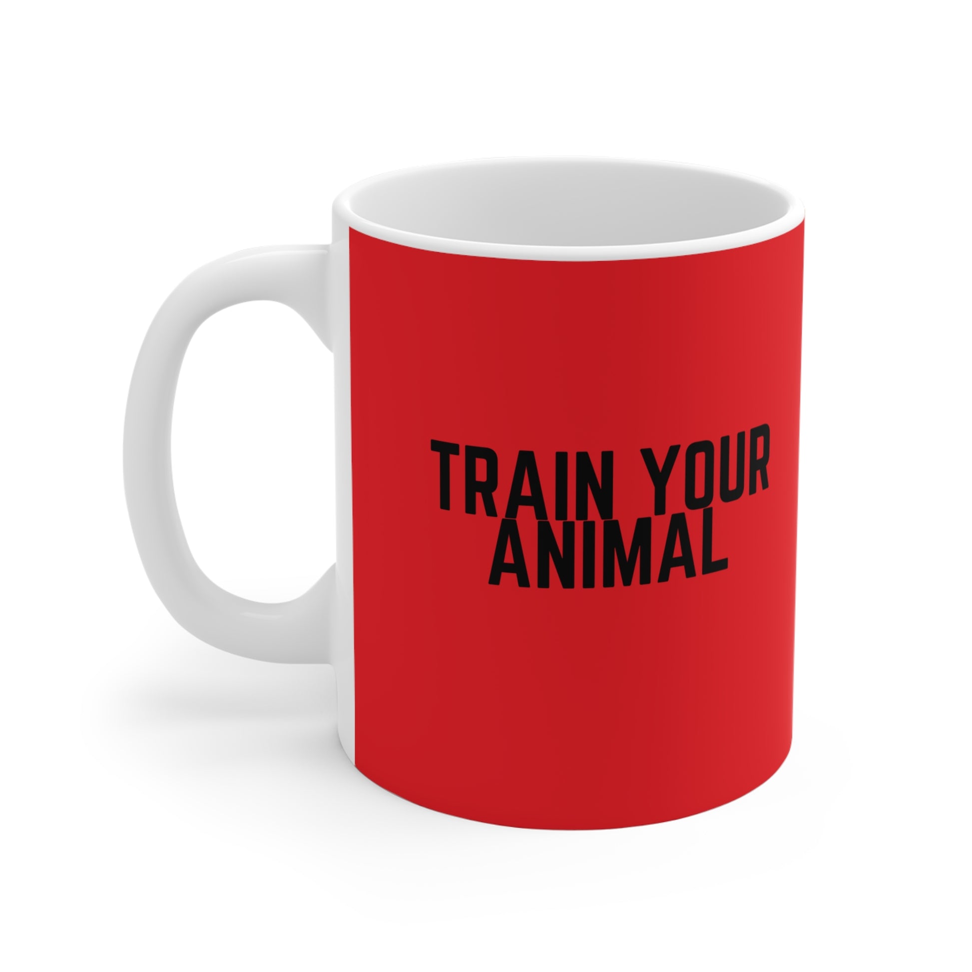 Red mug with text TRAIN YOUR ANIMAL and signature by a.hooman on a white background