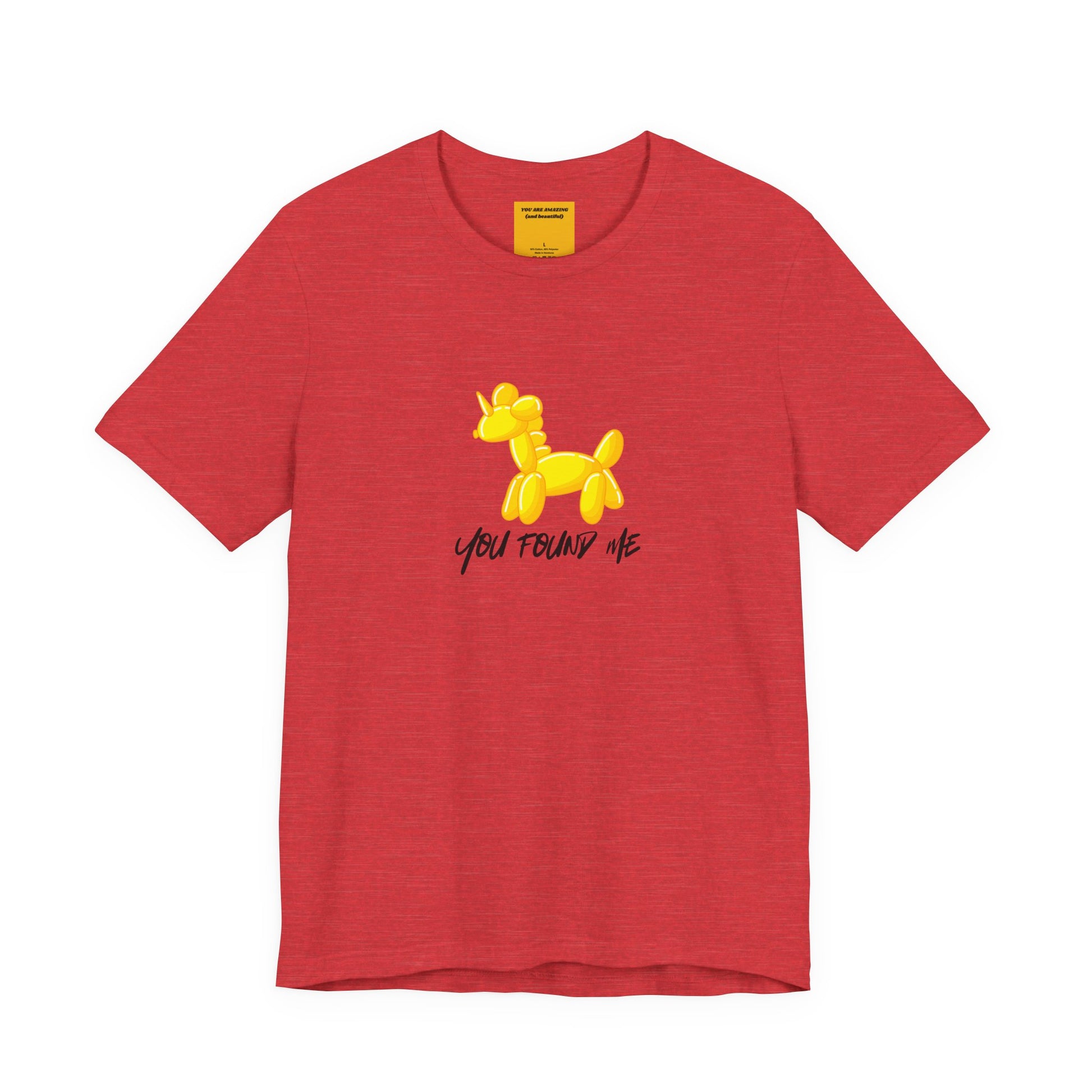 Red t-shirt with yellow balloon unicorn graphic and text on a white background