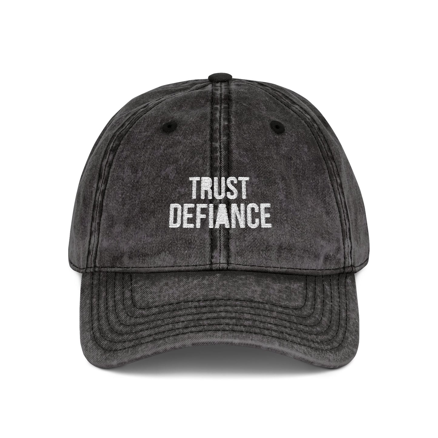 Black cap with 'Trust Defiance' text on a white background